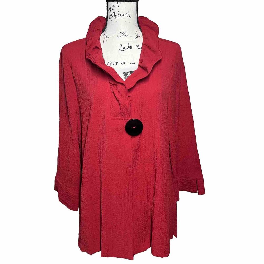 Moonlight Y&S Fashion Red Artsy Top Size Large Lagenlook Wire Collar Crape Shirt